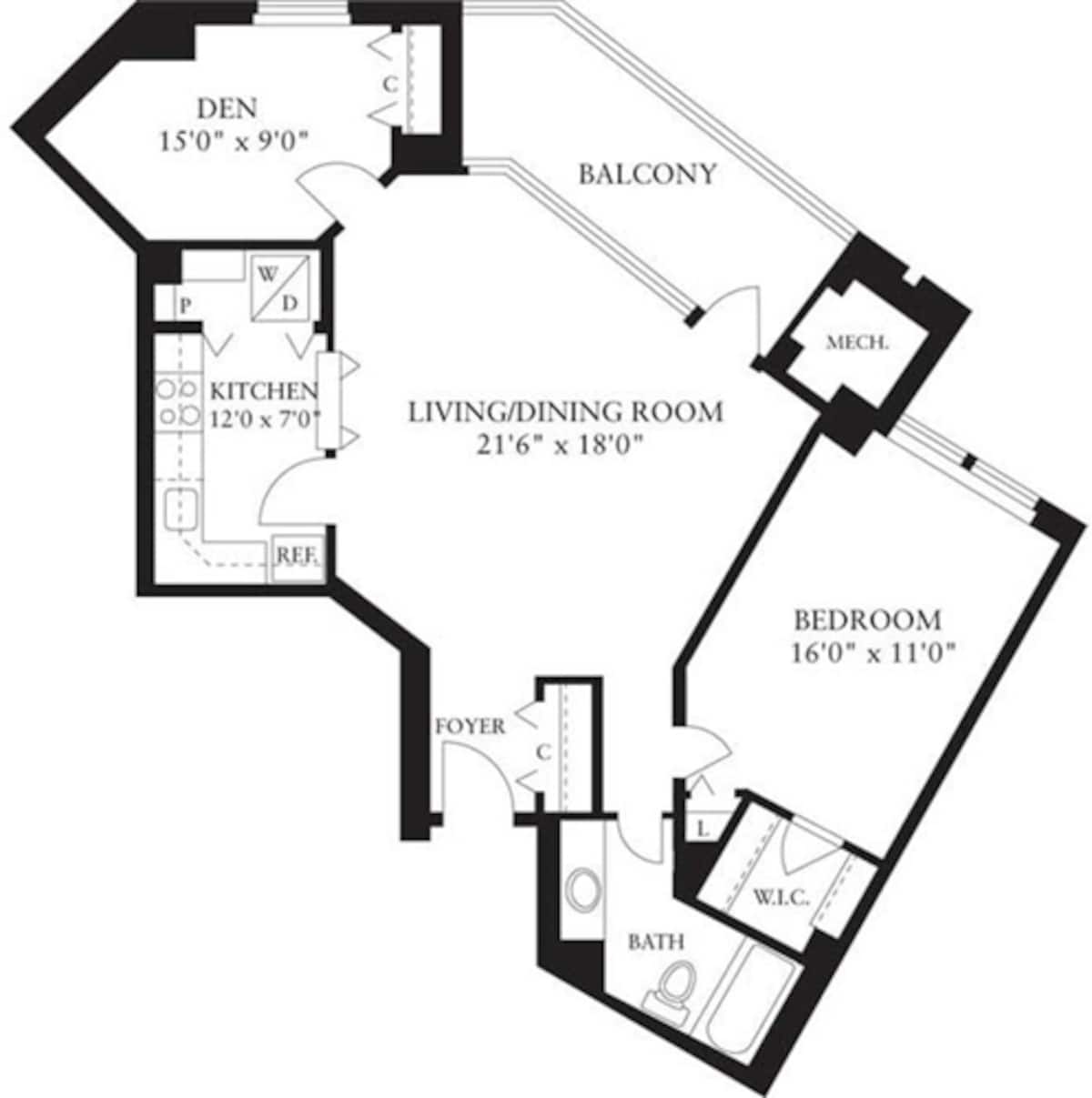 Floorplan diagram for 1 Bedroom Q, showing 1 bedroom
