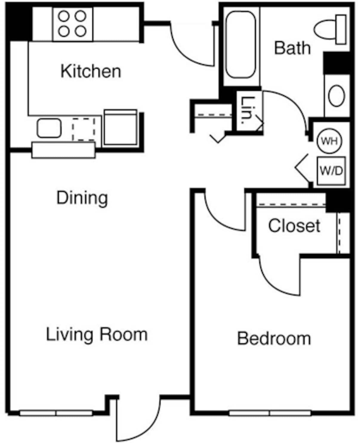 Floorplan diagram for 1 Bedroom D, showing 1 bedroom