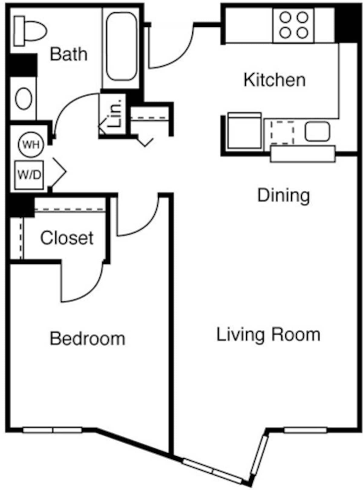 Floorplan diagram for 1 Bedroom E, showing 1 bedroom