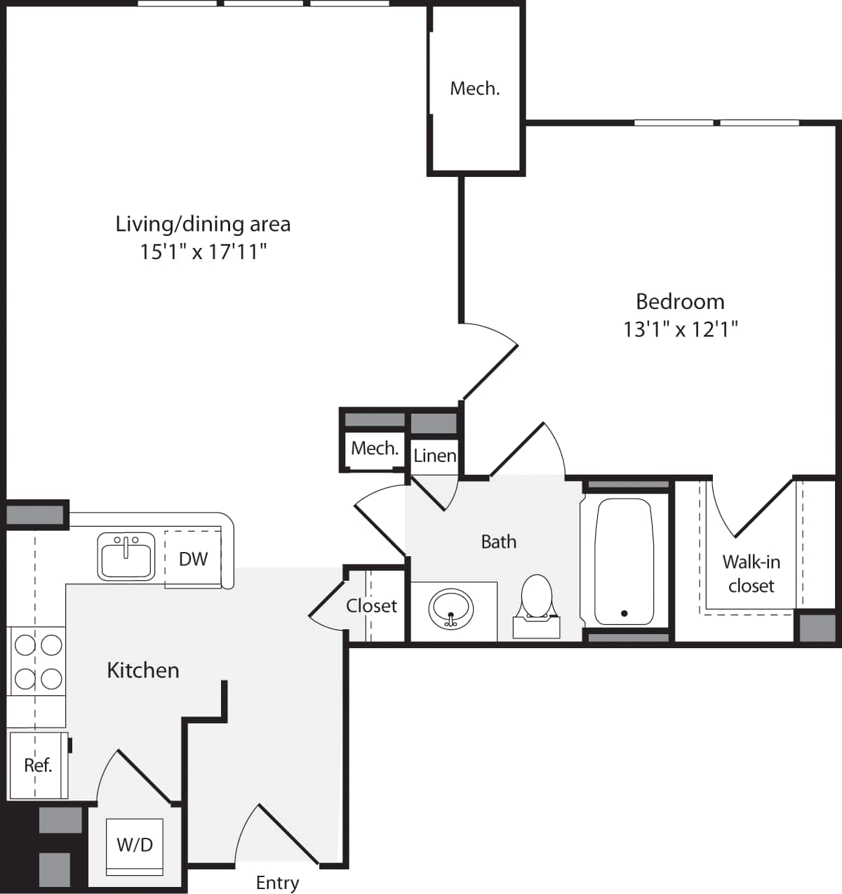 Floorplan diagram for 1 Bedroom F No Fireplace, showing 1 bedroom