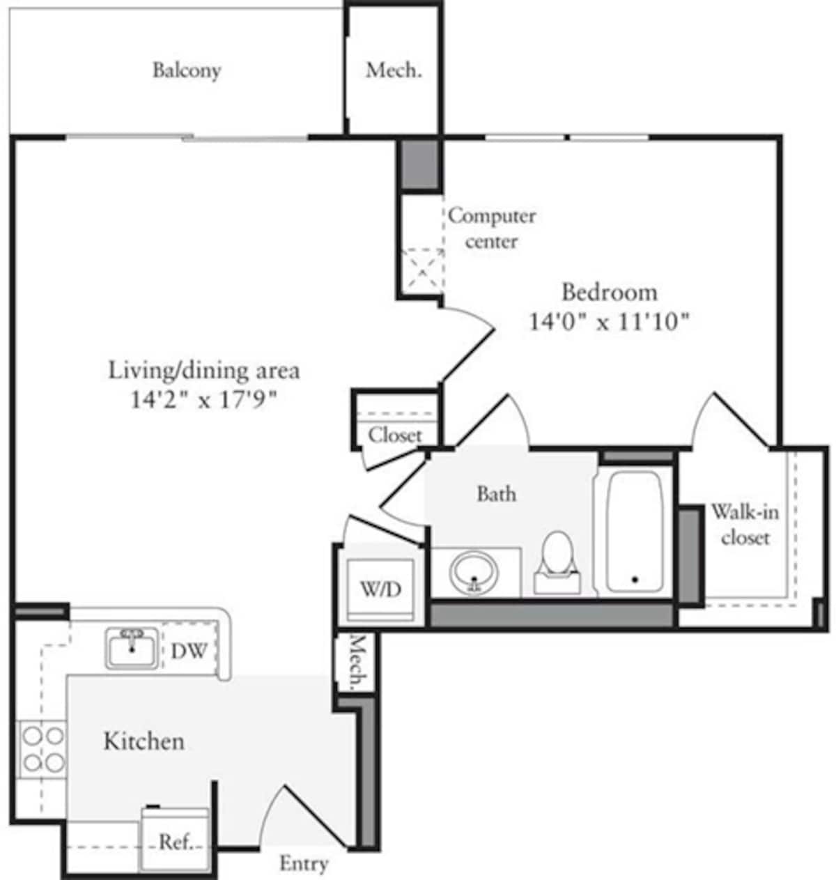 Floorplan diagram for 1 Bedroom B, showing 1 bedroom
