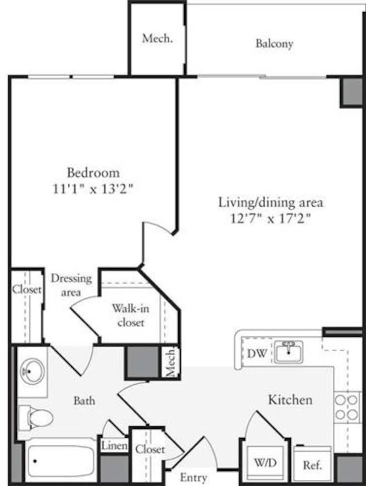 Floorplan diagram for 1 Bedroom D, showing 1 bedroom