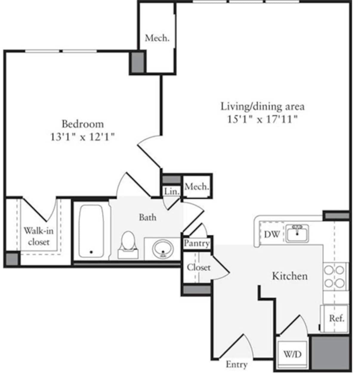 Floorplan diagram for 1 Bedroom E, showing 1 bedroom