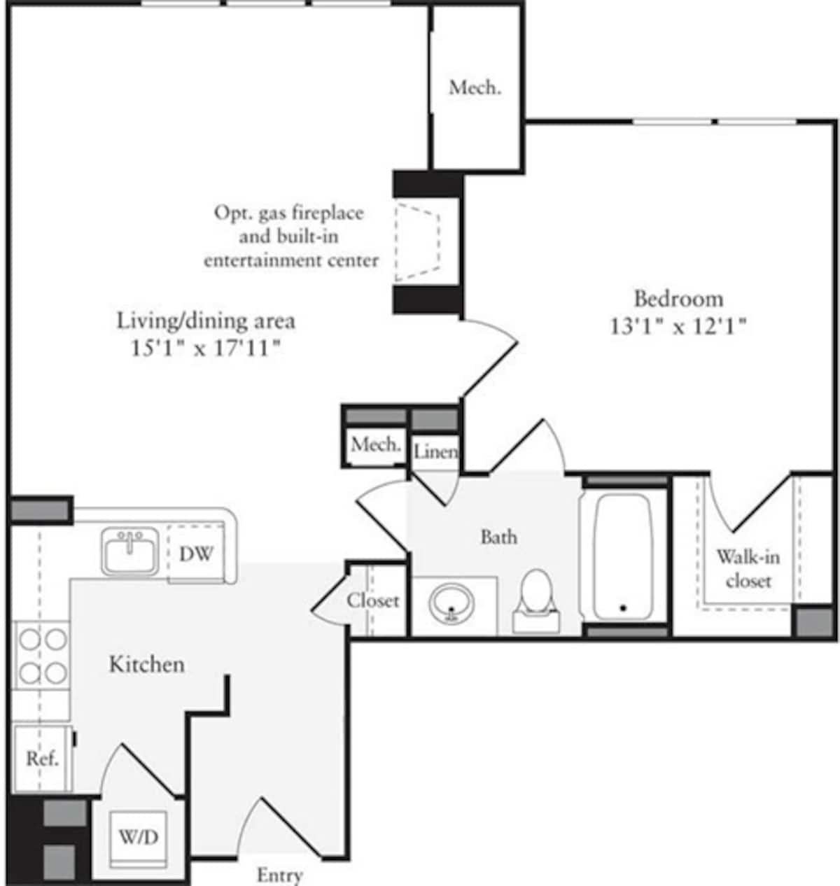 Floorplan diagram for 1 Bedroom F, showing 1 bedroom