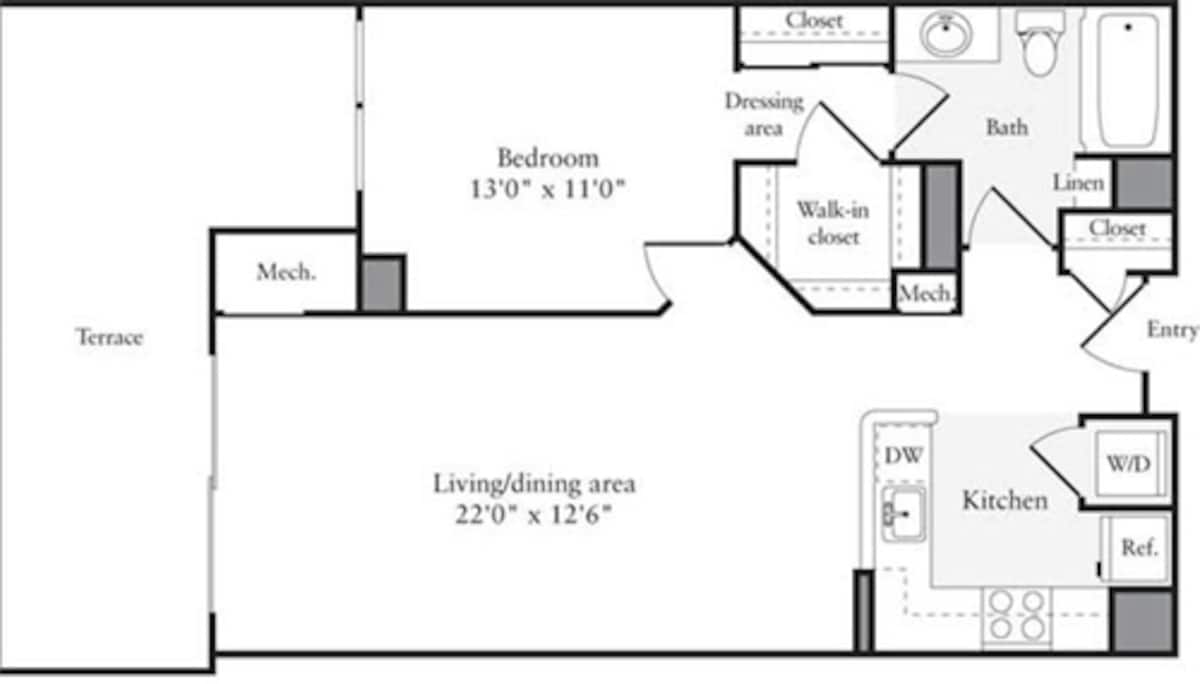 Floorplan diagram for 1 Bedroom H, showing 1 bedroom