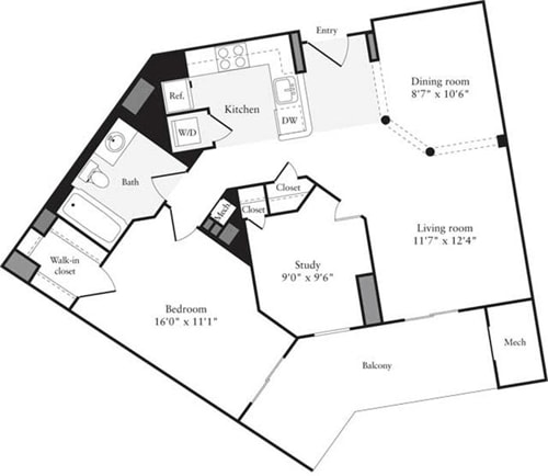 Plano de 1 Bedroom J (muestra 1 dormitorio)