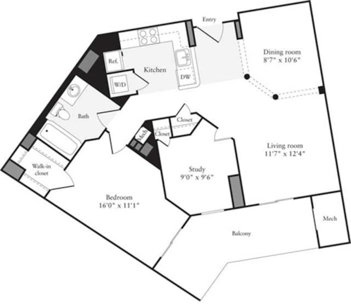Floorplan diagram for 1 Bedroom J, showing 1 bedroom