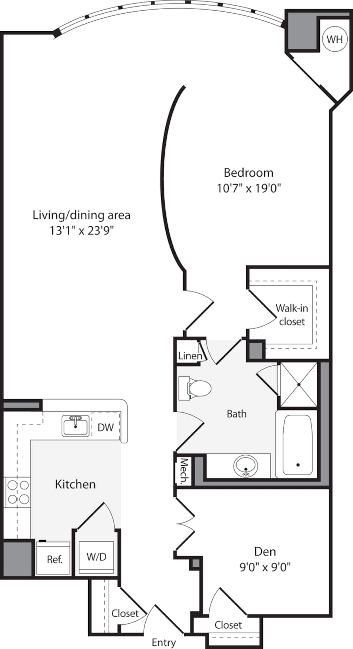 Floorplan diagram for 1 Bedroom K, showing 1 bedroom
