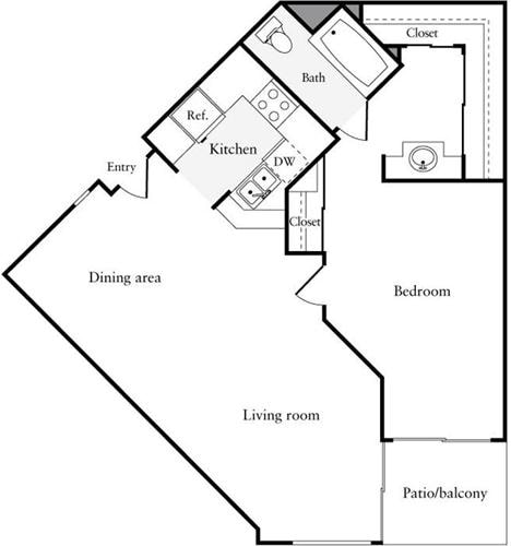 Diagrama da planta baixa para 1 Bedroom C, mostrando 1 quarto(s)