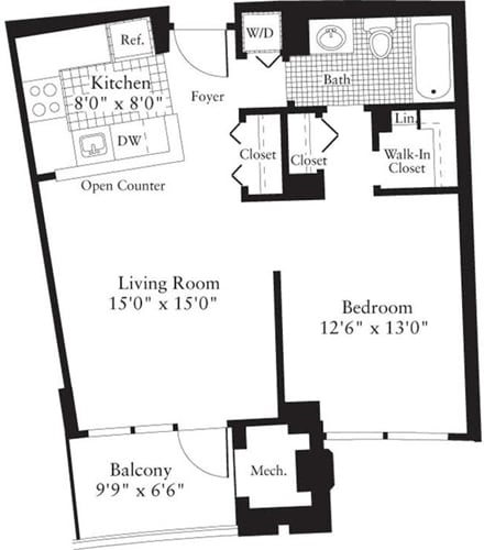 Diagram denah lantai untuk 1 Bedroom A, yang menunjukkan 1 kamar tidur