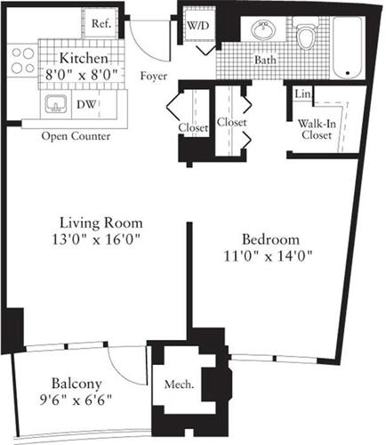 Floorplan diagram for 1 Bedroom D, showing 1 bedroom