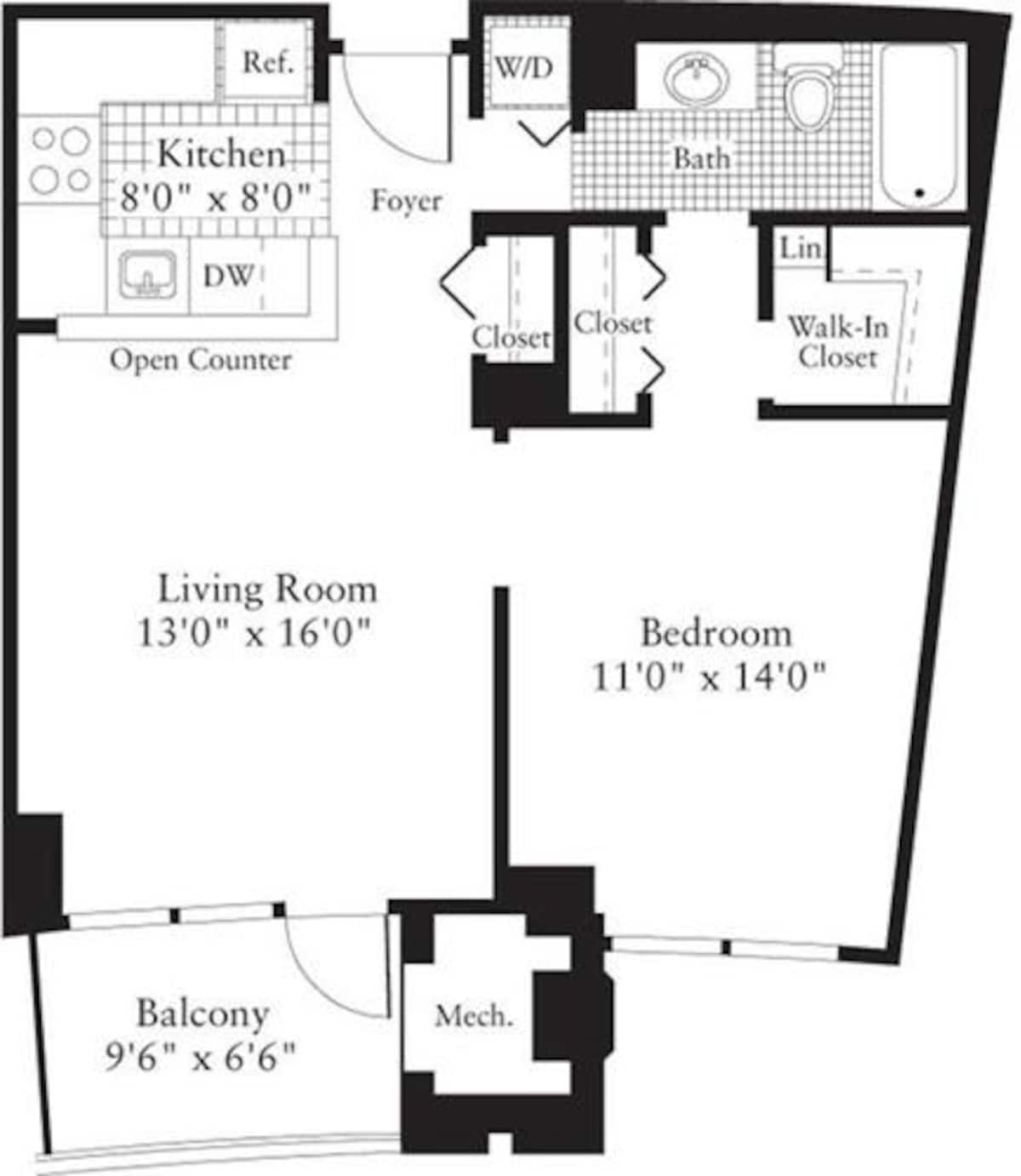 Floorplan diagram for 1 Bedroom D, showing 1 bedroom