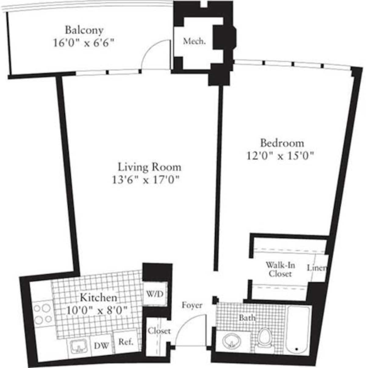 Floorplan diagram for 1 Bedroom H, showing 1 bedroom