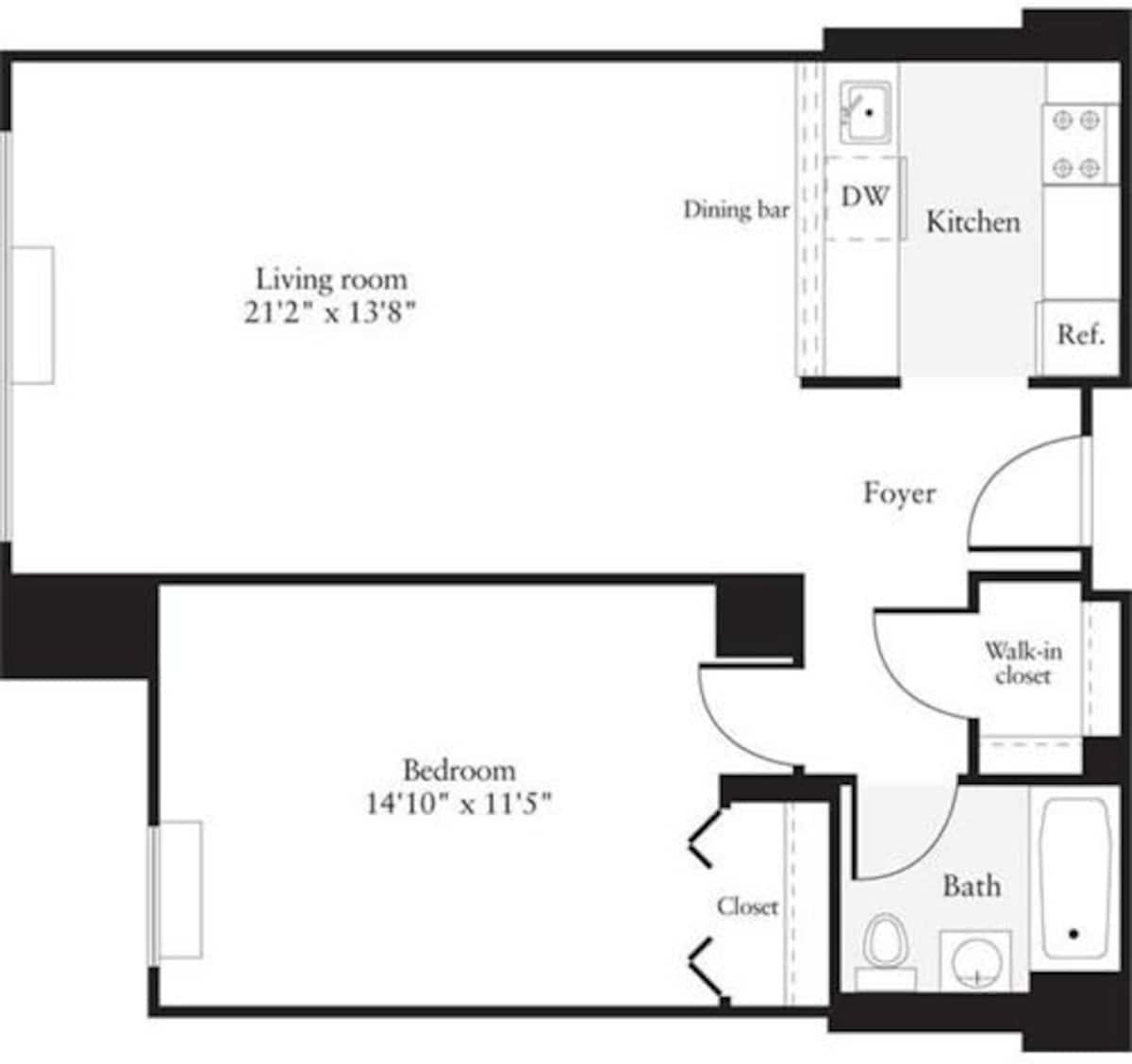 Floorplan diagram for 1 Bedroom E, showing 1 bedroom