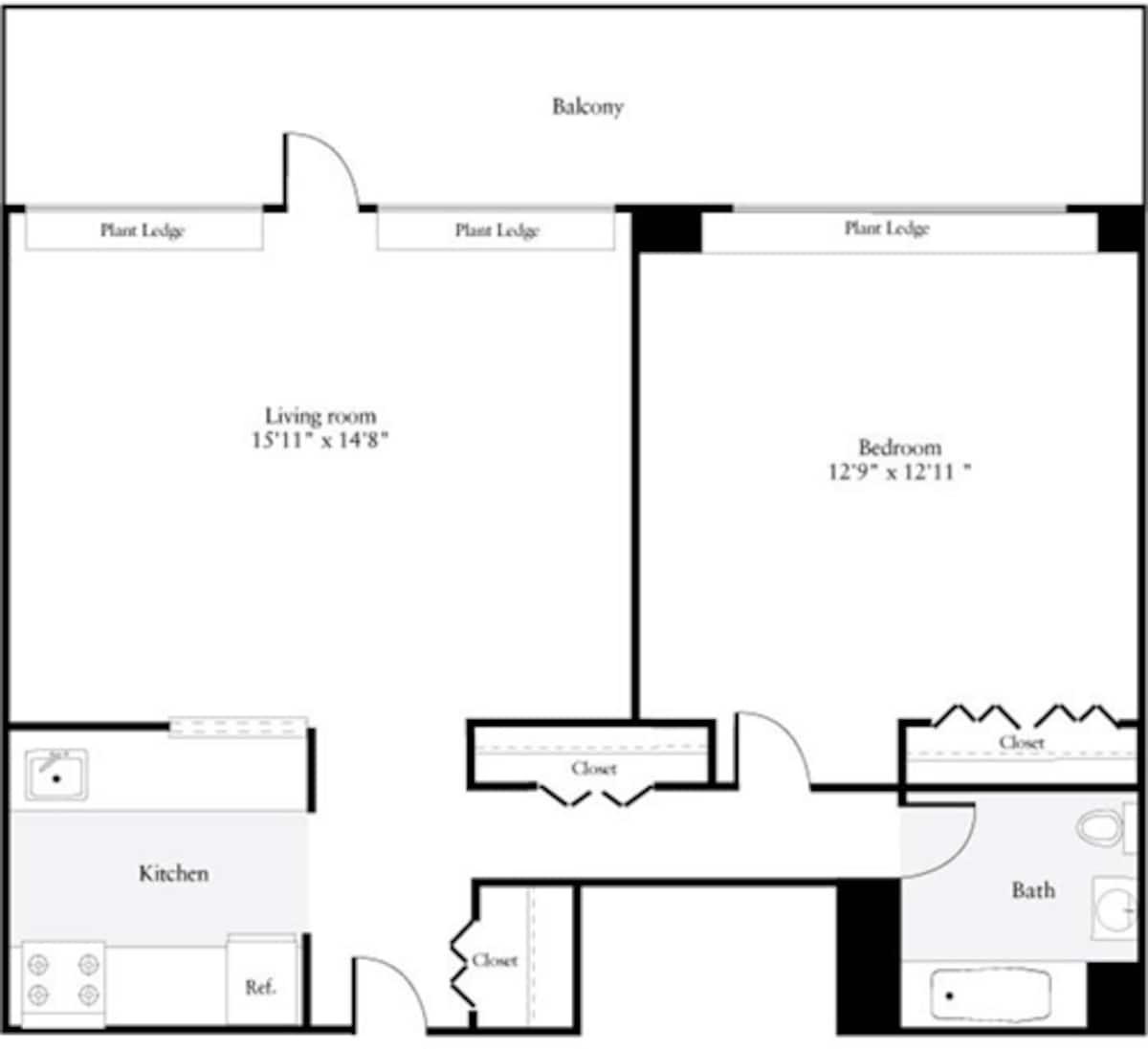 Floorplan diagram for 1 Bedroom H, showing 1 bedroom