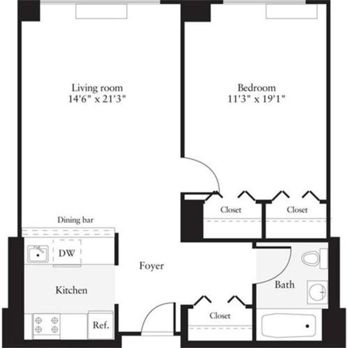 Floorplan diagram for 1 Bedroom L, showing 1 bedroom