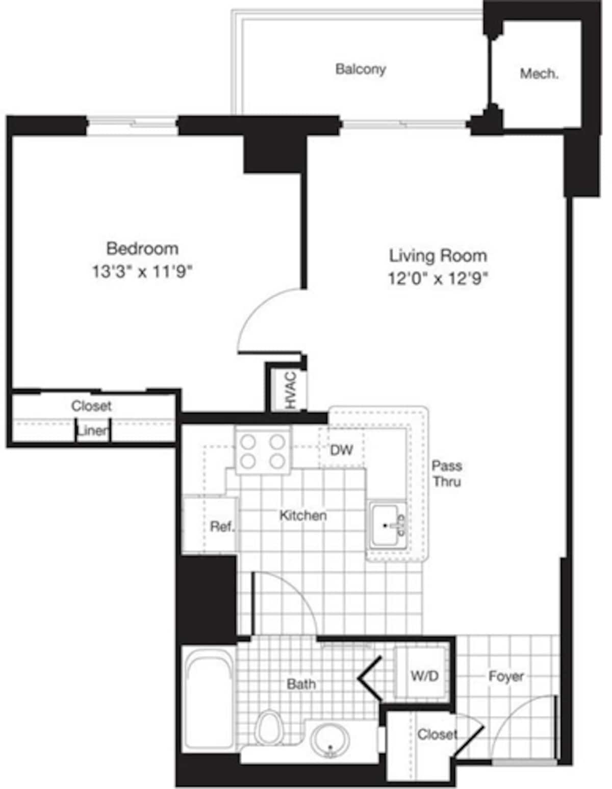 Floorplan diagram for 1 Bedroom D, showing 1 bedroom