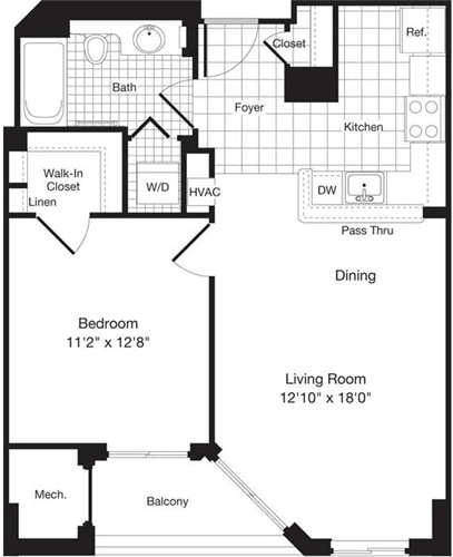 Floorplan diagram for 1 Bedroom E, showing 1 bedroom