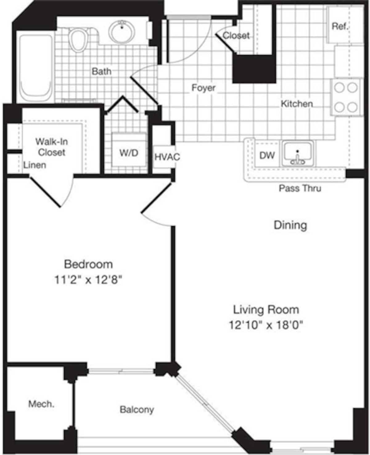 Floorplan diagram for 1 Bedroom E, showing 1 bedroom