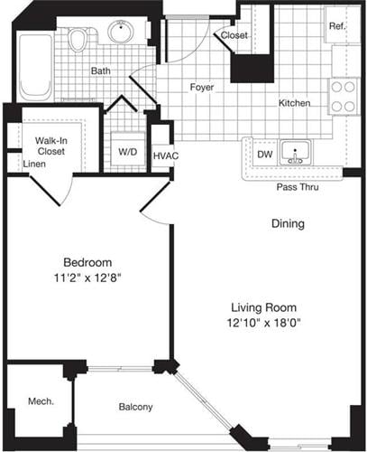 Floorplan diagram for 1 Bedroom F, showing 1 bedroom