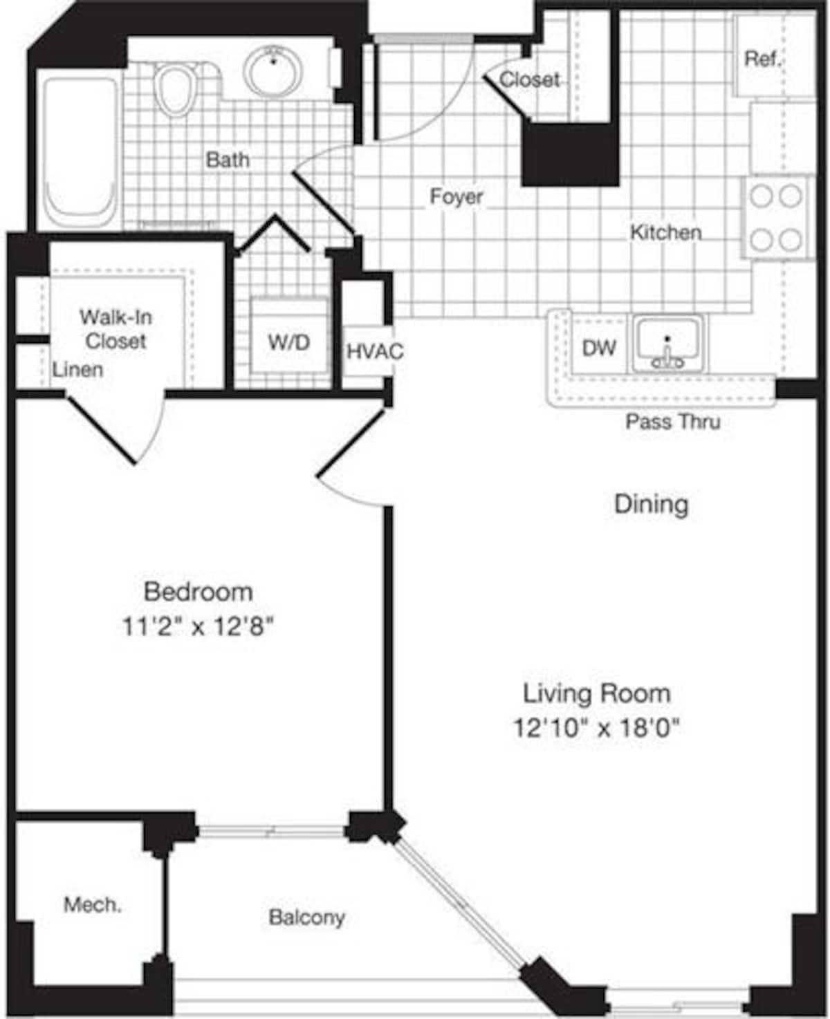 Floorplan diagram for 1 Bedroom F, showing 1 bedroom