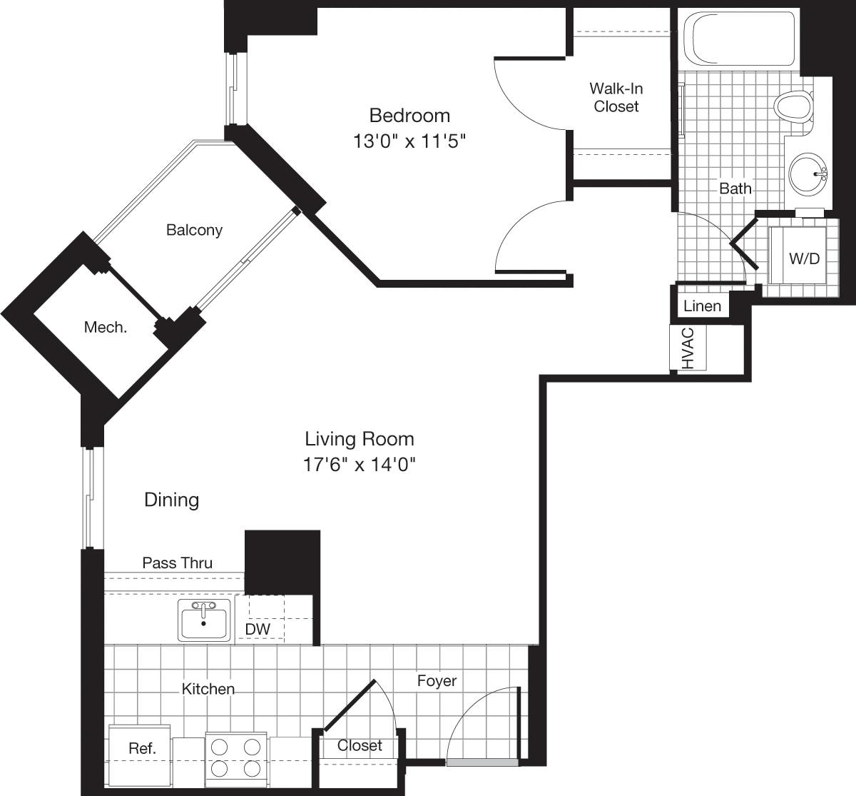 Floorplan diagram for 1 Bedroom H, showing 1 bedroom