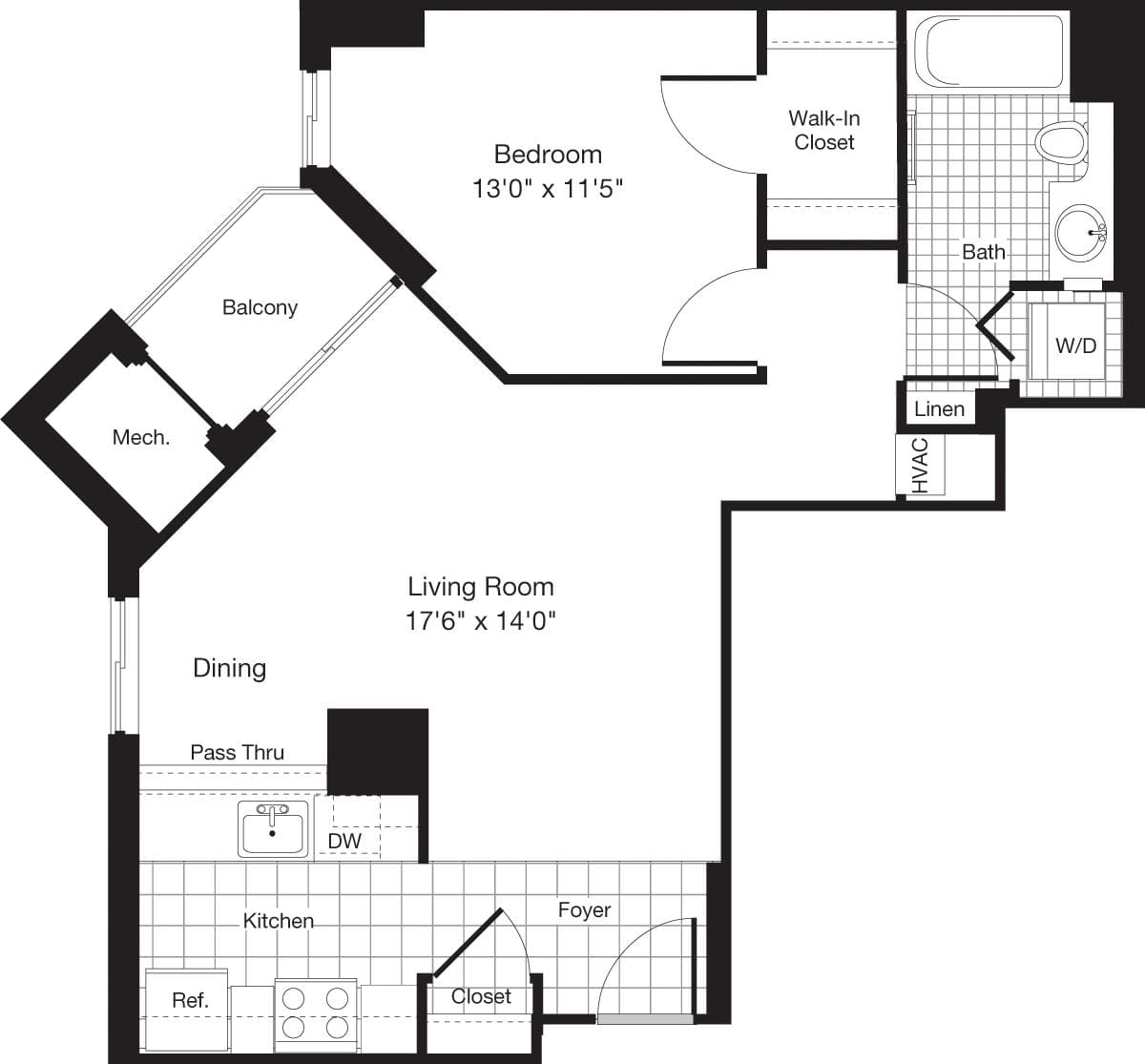 Floorplan diagram for 1 Bedroom H, showing 1 bedroom