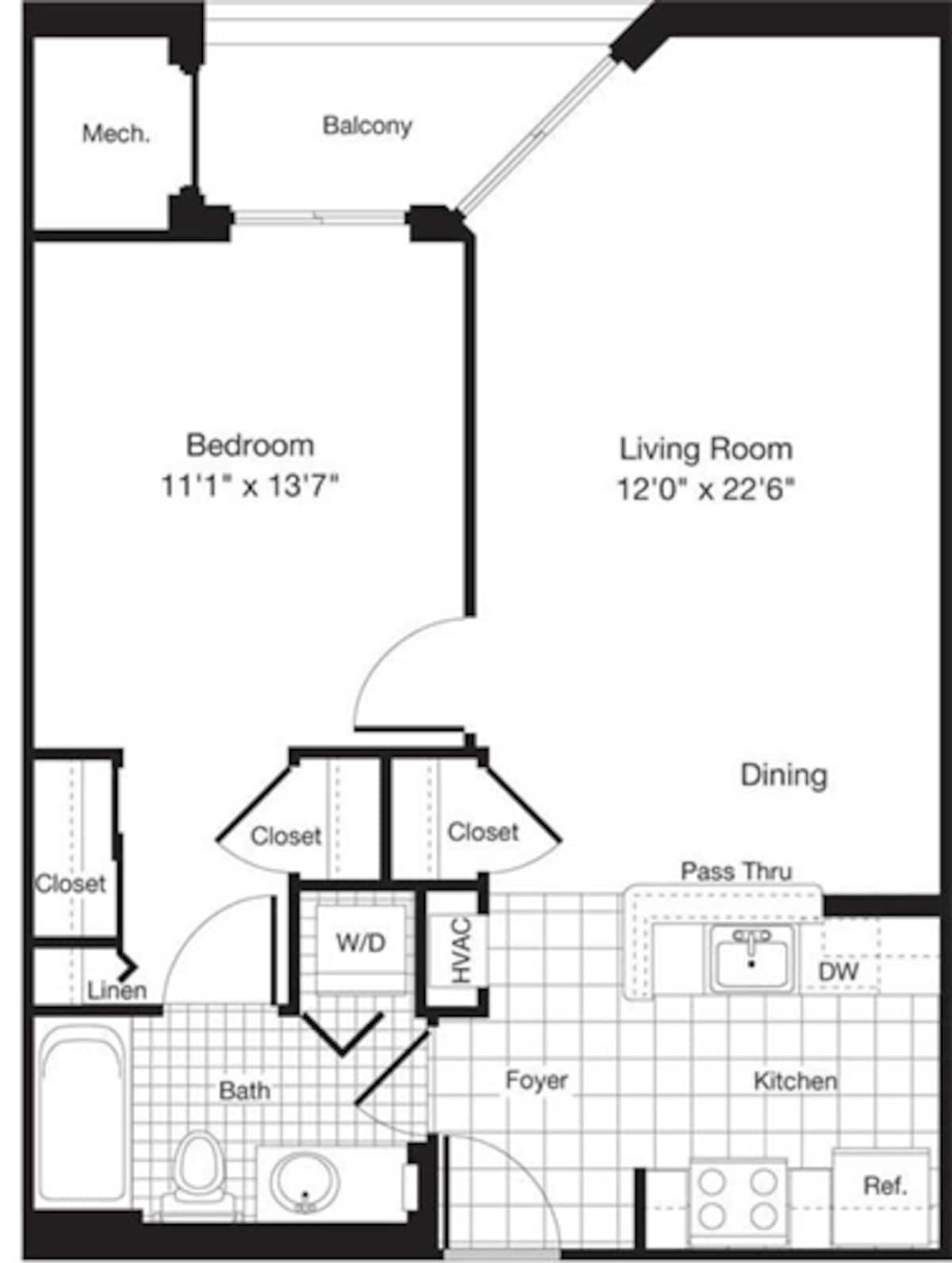 Floorplan diagram for 1 Bedroom J, showing 1 bedroom