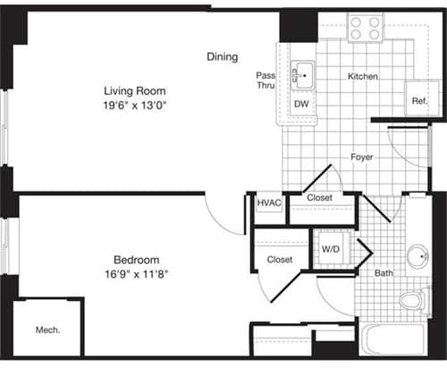 Floorplan diagram for 1 Bedroom Q, showing 1 bedroom