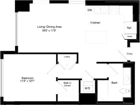 Floorplan diagram for Tower A1 + A1 Alt 1, showing 1 bedroom