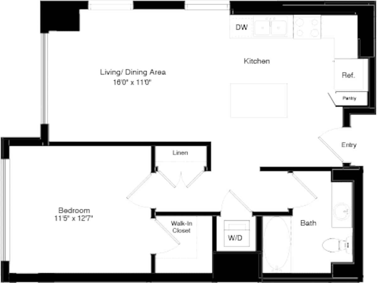 Floorplan diagram for Tower A1 + A1 Alt 1, showing 1 bedroom