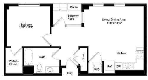 Diagrama da planta de Podium A4, a mostrar 1 quarto