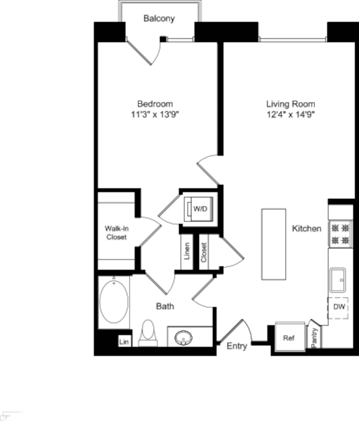 Floorplan diagram for One Bed A1 with Master Balcony, showing 1 bedroom