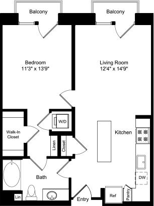 Floorplan diagram for One Bed A1 with Balconies, showing 1 bedroom
