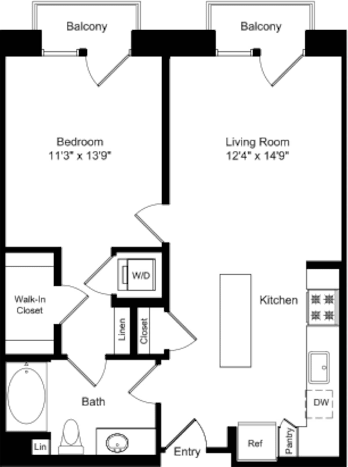 Floorplan diagram for One Bed A1 with Balconies, showing 1 bedroom