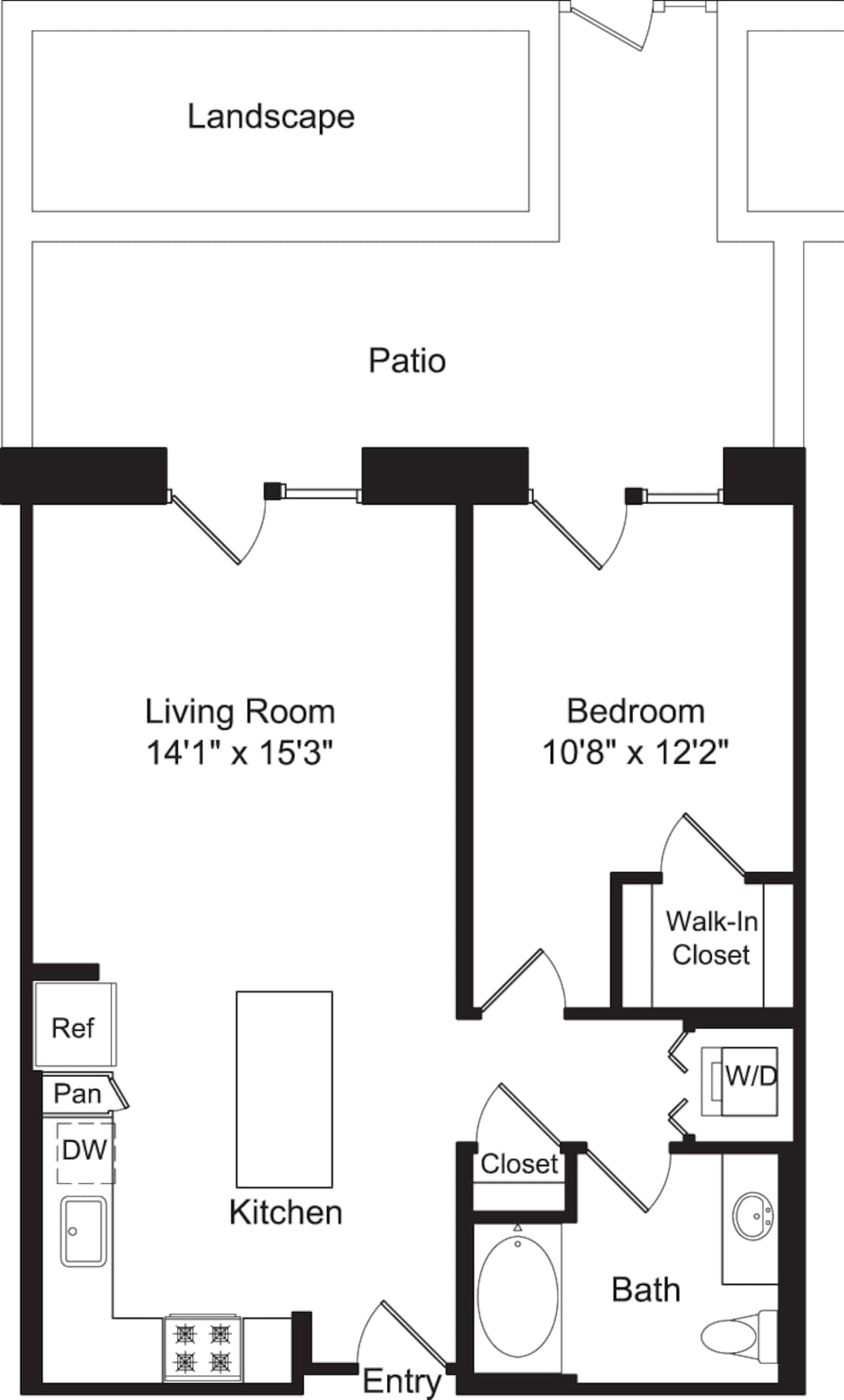 Floorplan diagram for One Bed A4 with Patio, showing 1 bedroom