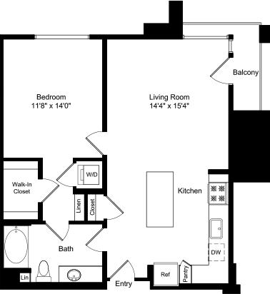 Plantegning for One Bed A3 with Balcony, der viser 1 soveværelse