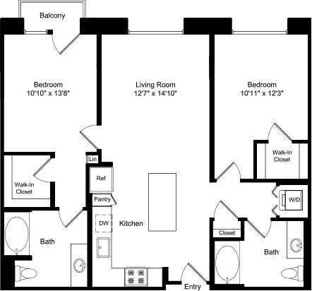 Floorplan diagram for Two Bed B1 with Master Balcony, showing 1 bedroom