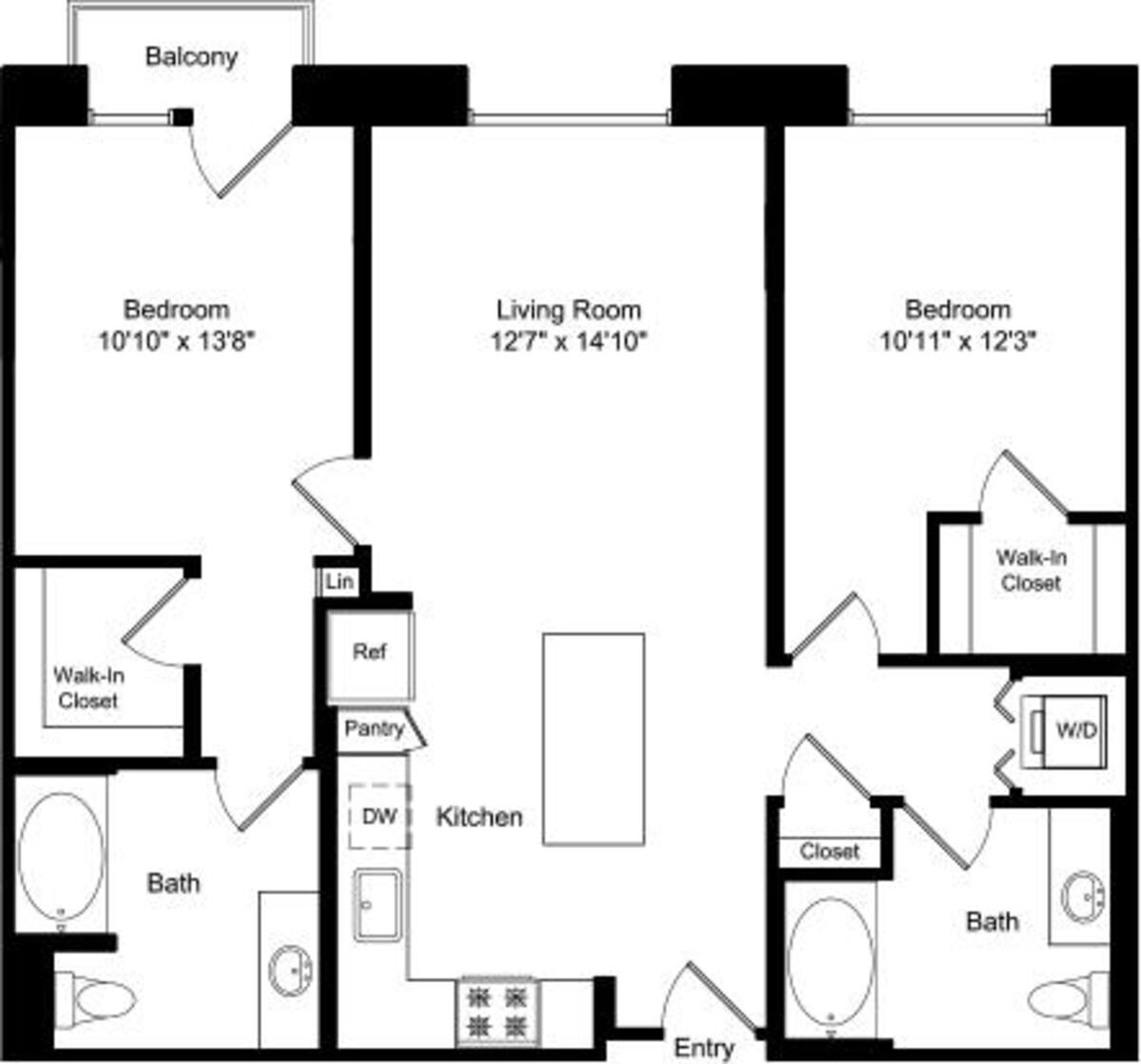 Floorplan diagram for Two Bed B1 with Master Balcony, showing 1 bedroom