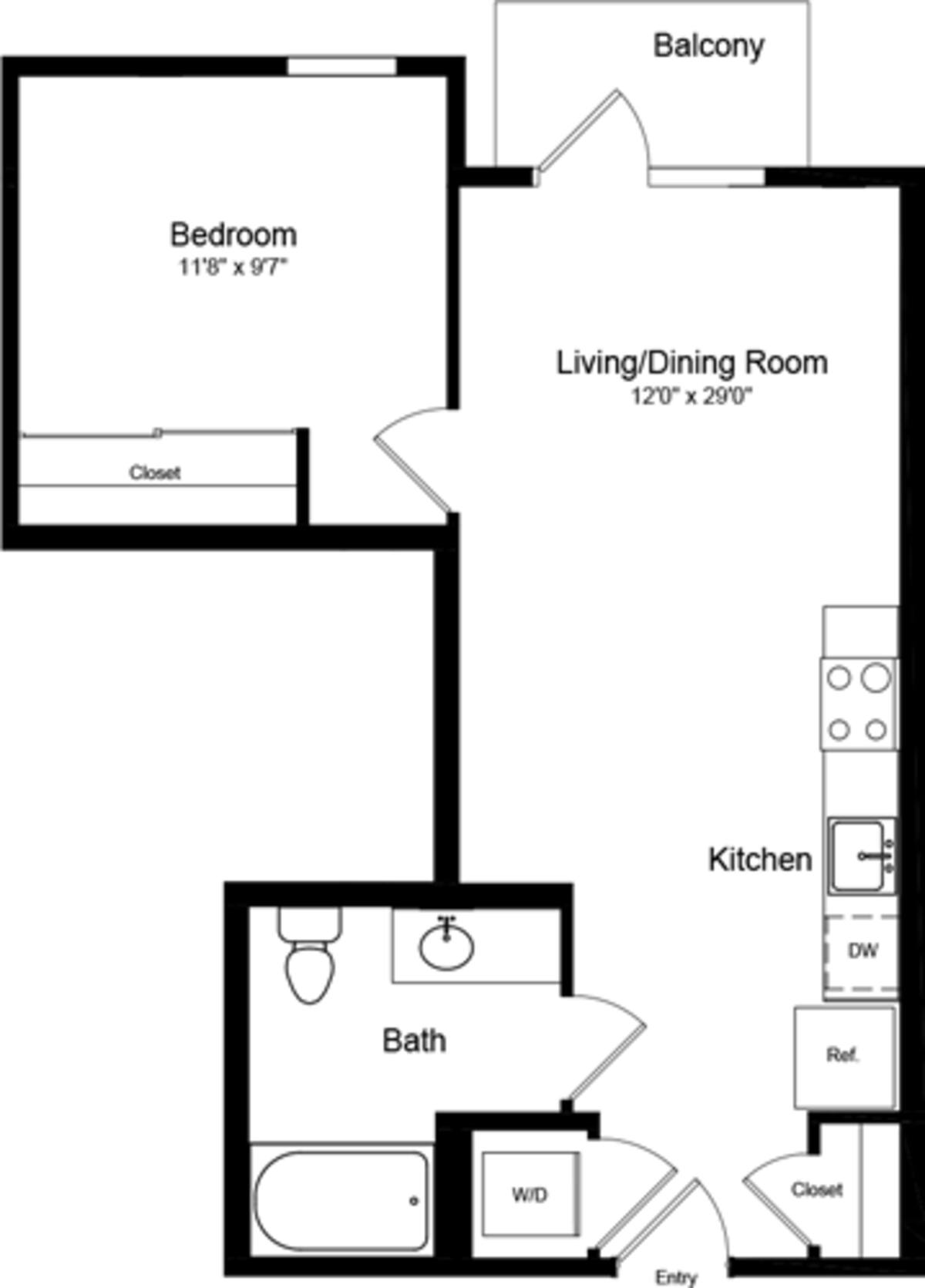Floorplan diagram for 1 Bedroom B with Balcony, showing 1 bedroom