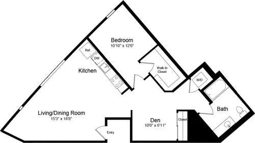 Diagrama del plano para 1 Bedroom D, que muestra 1 recámara