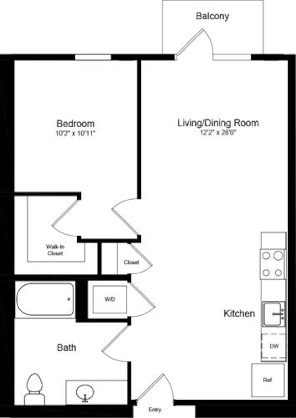 Floorplan diagram for 1 Bedroom A1 with Balcony, showing 1 bedroom