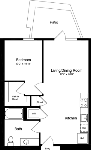 Հատակագիծ՝ 1 Bedroom A1 with Patio, ցույց է տրվում՝ 1 ննջասենյակ