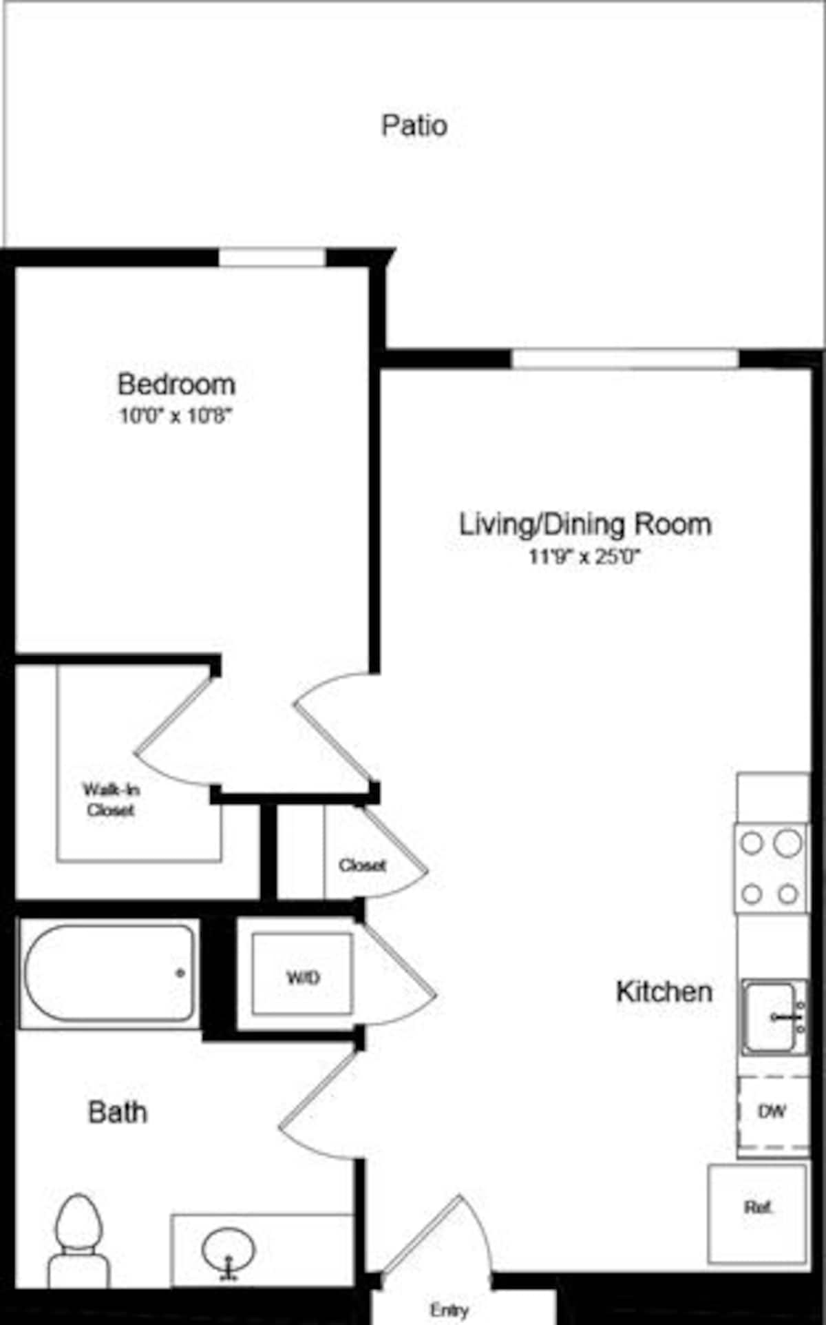Floorplan diagram for 1 Bedroom A4 with Patio, showing 1 bedroom