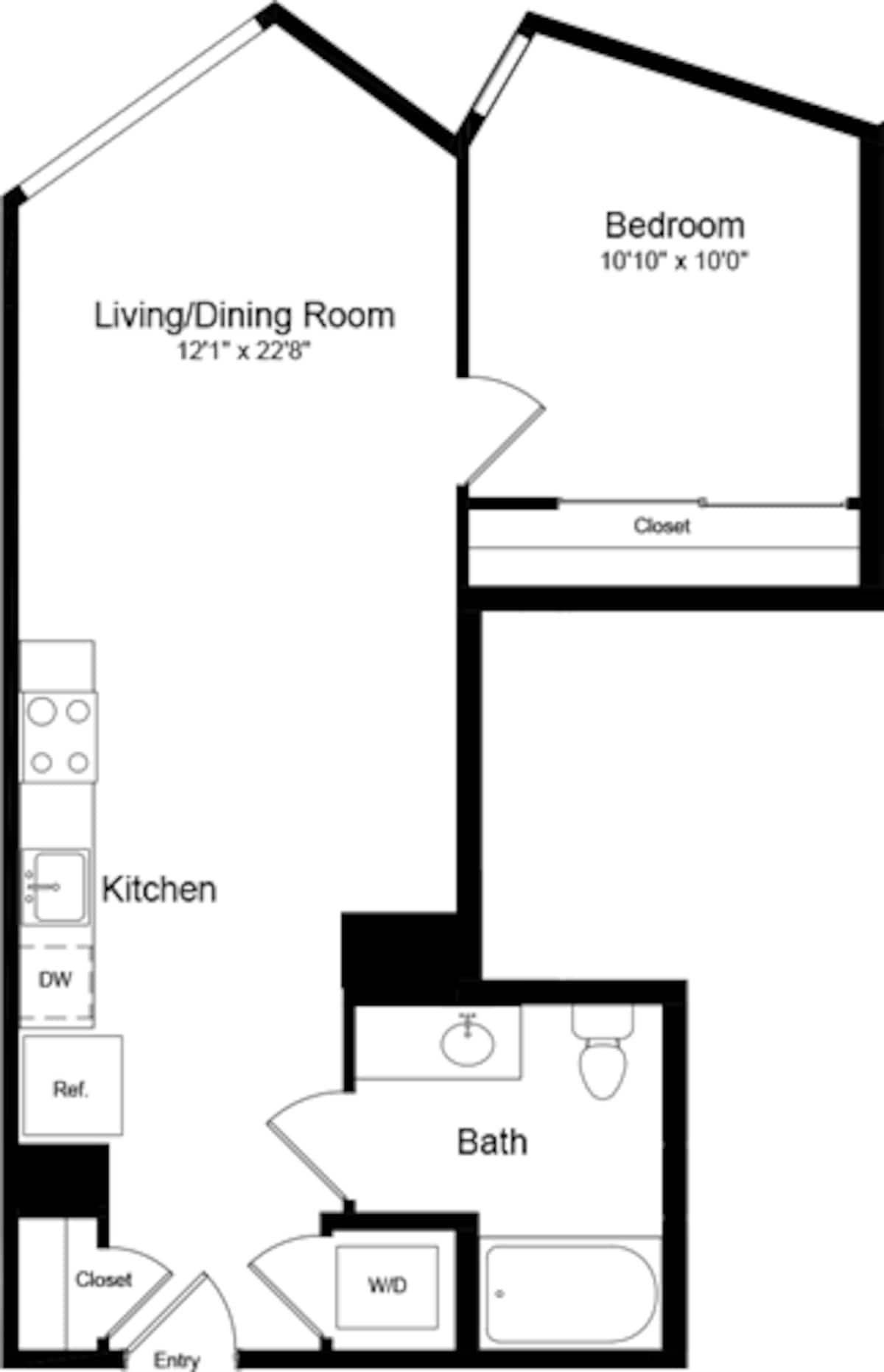 Floorplan diagram for 1 Bedroom F, showing 1 bedroom