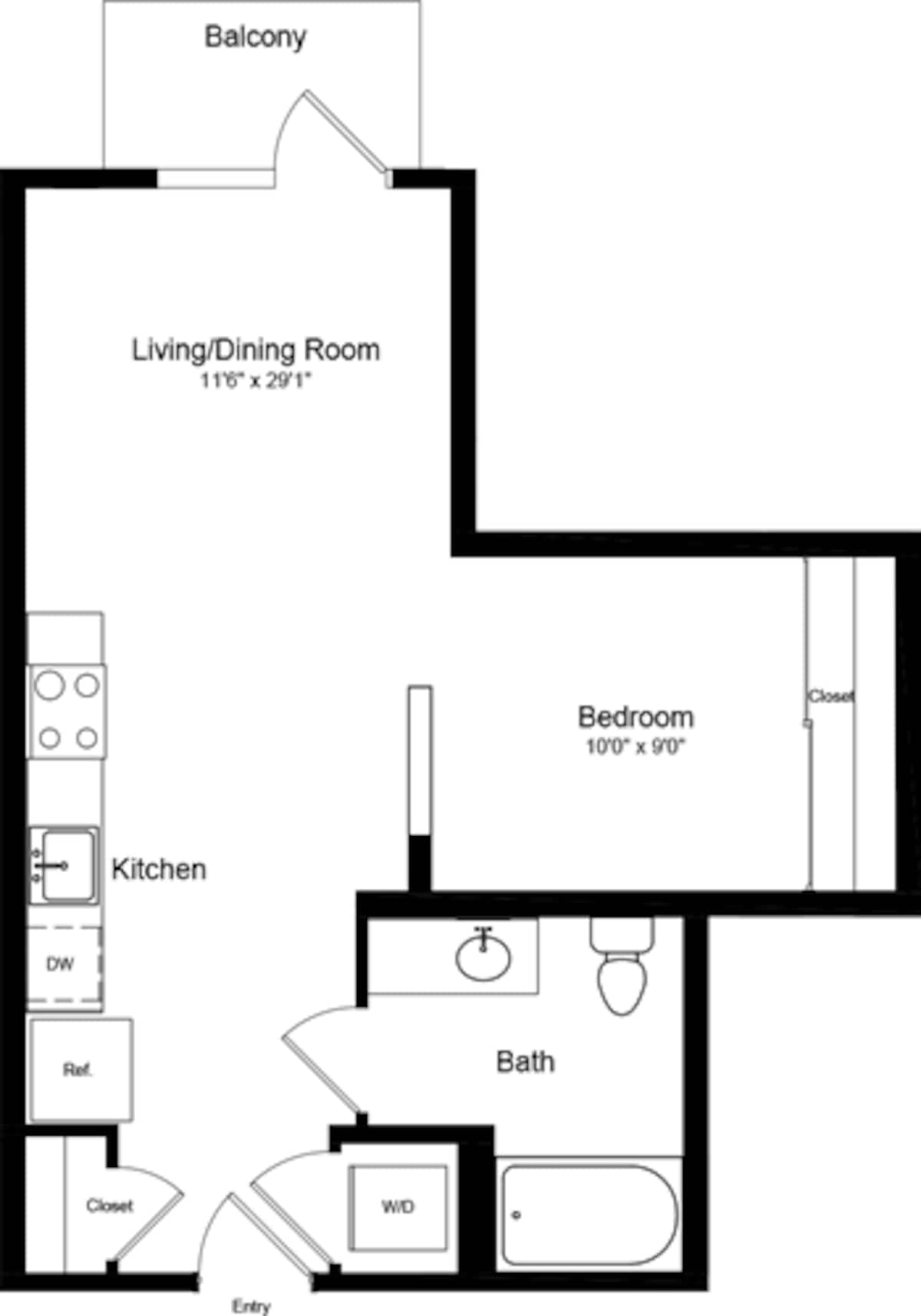 Floorplan diagram for Junior 1 Bedroom with Balcony, showing 1 bedroom
