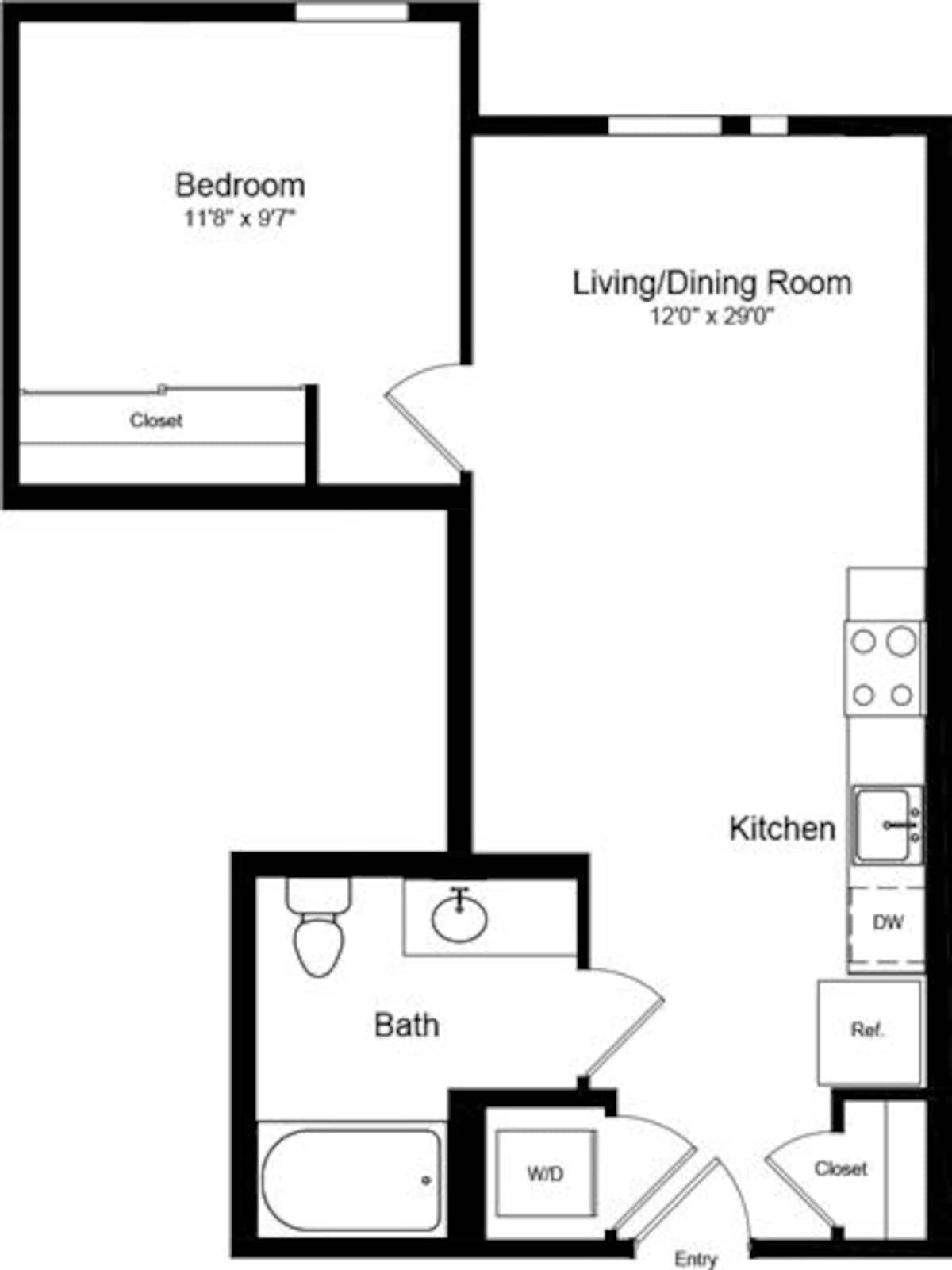 Floorplan diagram for 1 Bedroom B, showing 1 bedroom