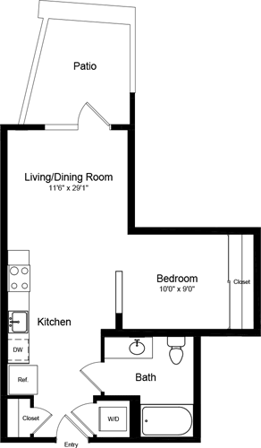 Floorplan diagram for S1 with Patio, showing 1 bedroom