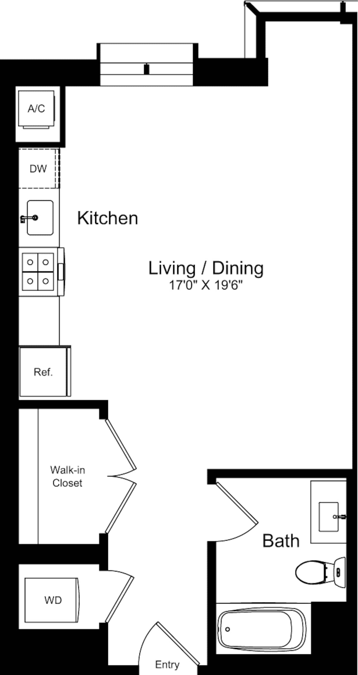 Floorplan diagram for Studio F, showing Studio