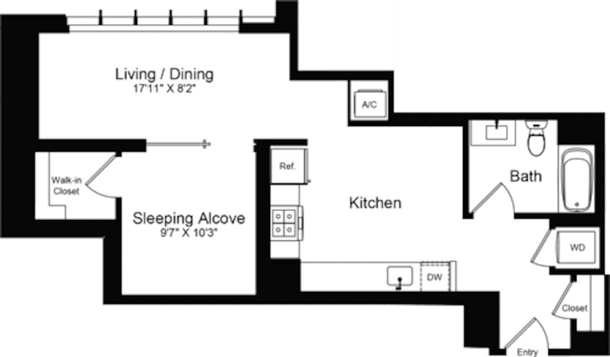 Floorplan diagram for Studio K, showing Studio